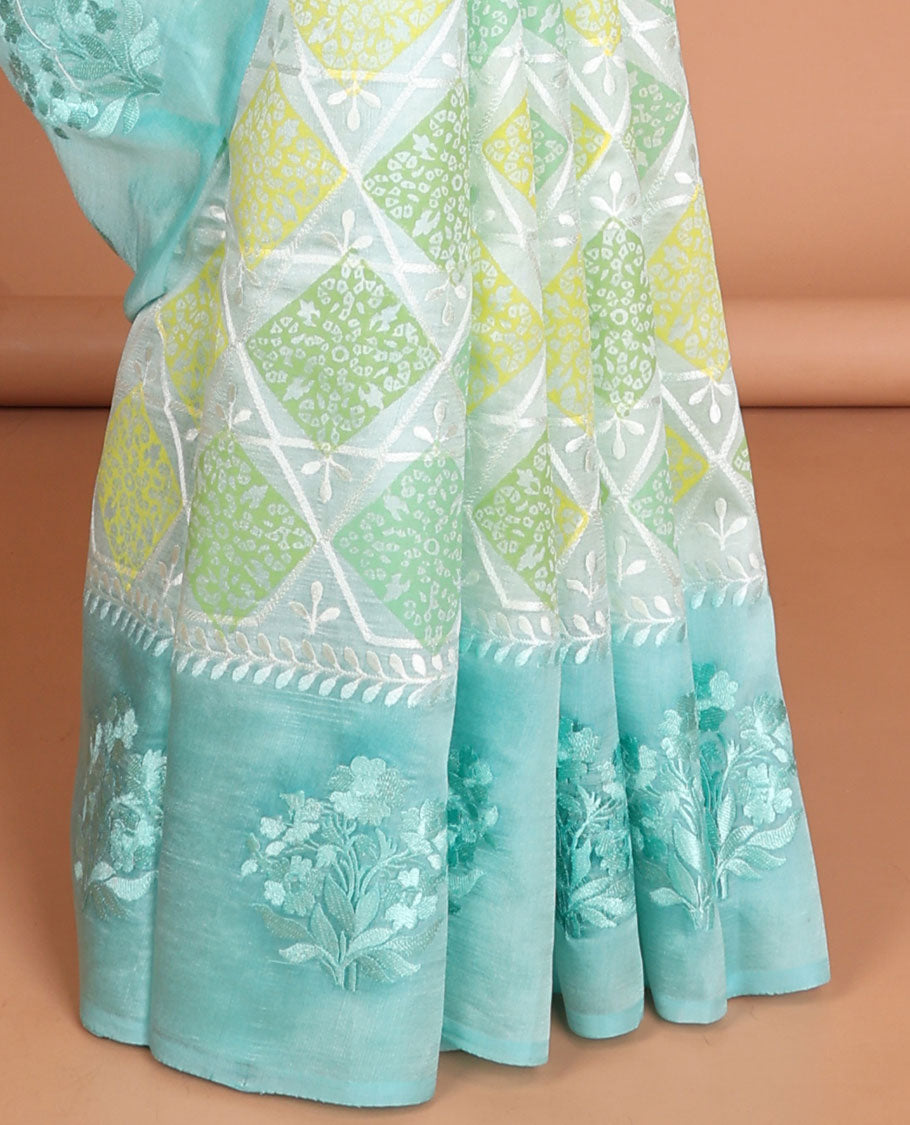 light blue floral thread embroidery dupion saree with contrast floral embroidery border & floral thread embroidery pallu
