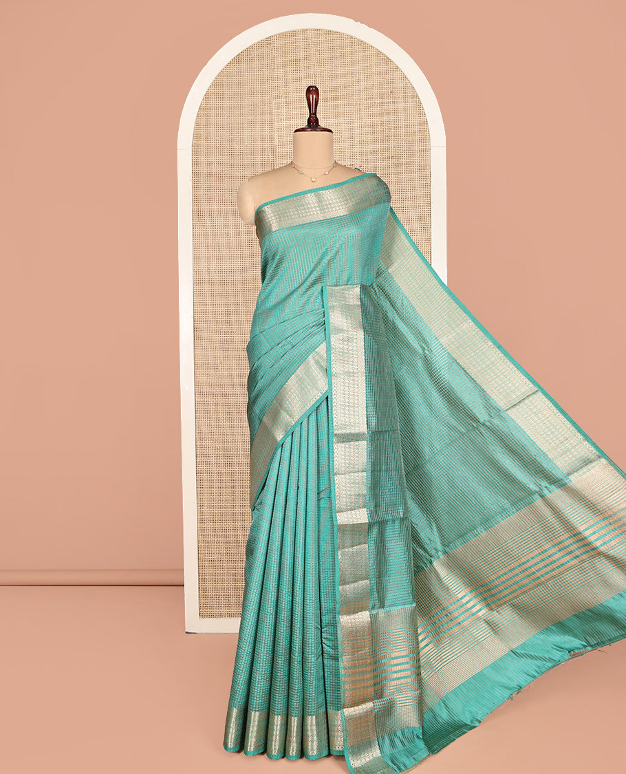 Green Dupion Silk Saree, Accentuated with Zari Micro-Checks, Highlighted by a Traditional Zari Design Border, Zari Striped Pallu, and a Matching Blouse