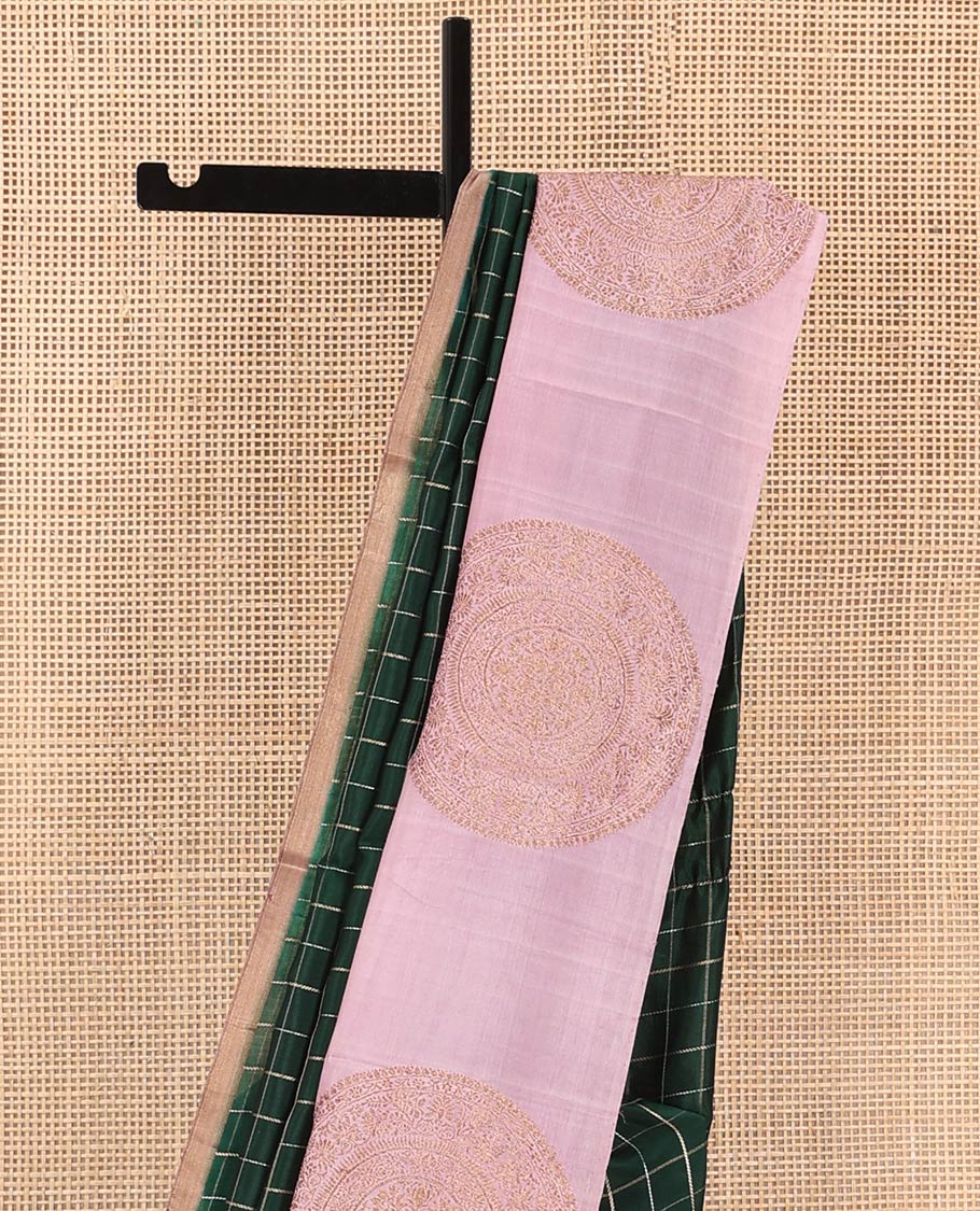 Green Raw Mango Silk Saree Decked Up with Checks, Features a Contrast Chakram Motifs Border, a Zari-Elevated Pallu, and Paired with a Contrast Blouse