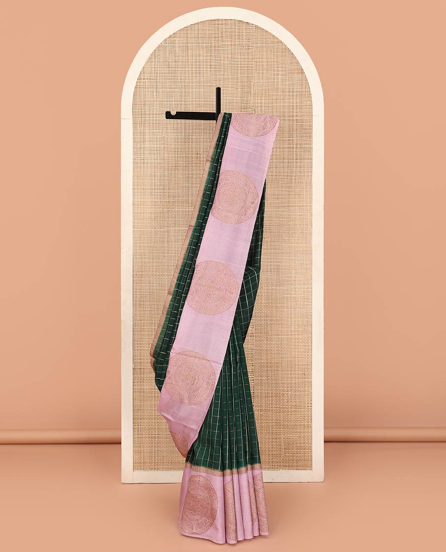 Green Raw Mango Silk Saree Decked Up with Checks, Features a Contrast Chakram Motifs Border, a Zari-Elevated Pallu, and Paired with a Contrast Blouse