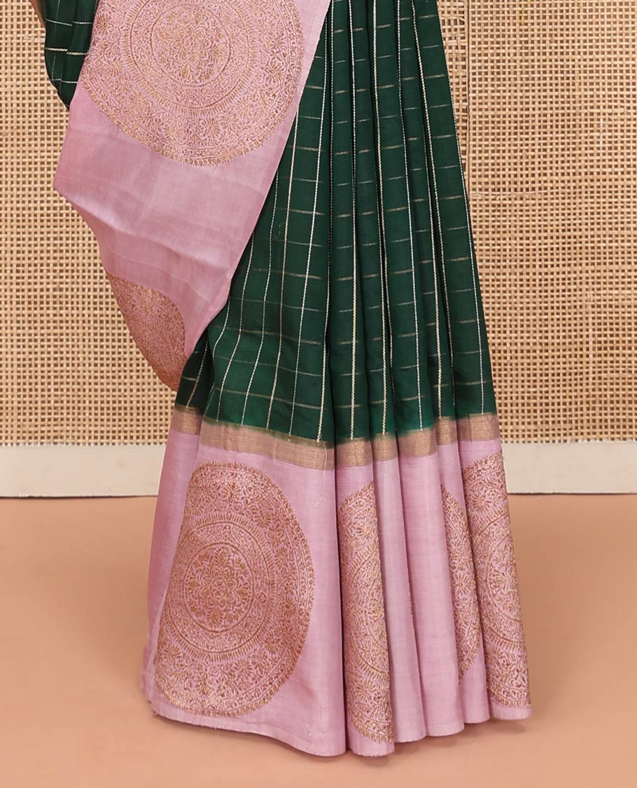 Green Raw Mango Silk Saree Decked Up with Checks, Features a Contrast Chakram Motifs Border, a Zari-Elevated Pallu, and Paired with a Contrast Blouse