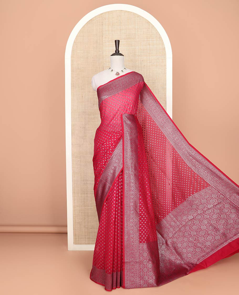Red Fancy Georgette Saree Mesmerized with Zari Buttas, Highlighted by a Traditional Zari Design Border, Grandly Woven Pallu Featuring Floral Zari Designs, and Paired with a Matching Blouse