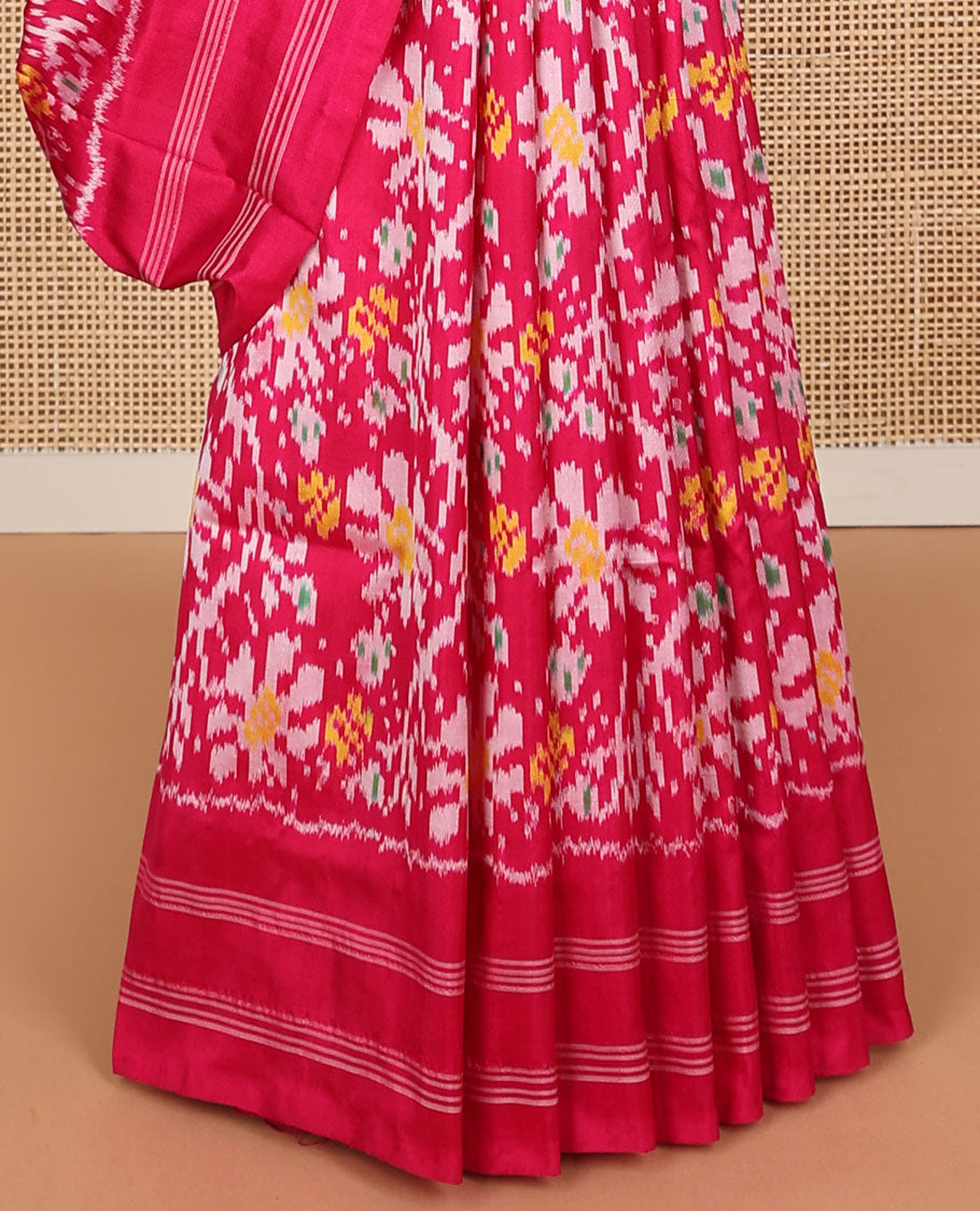 Red floral motifs ikkat saree with self striped border & striped floral design pallu