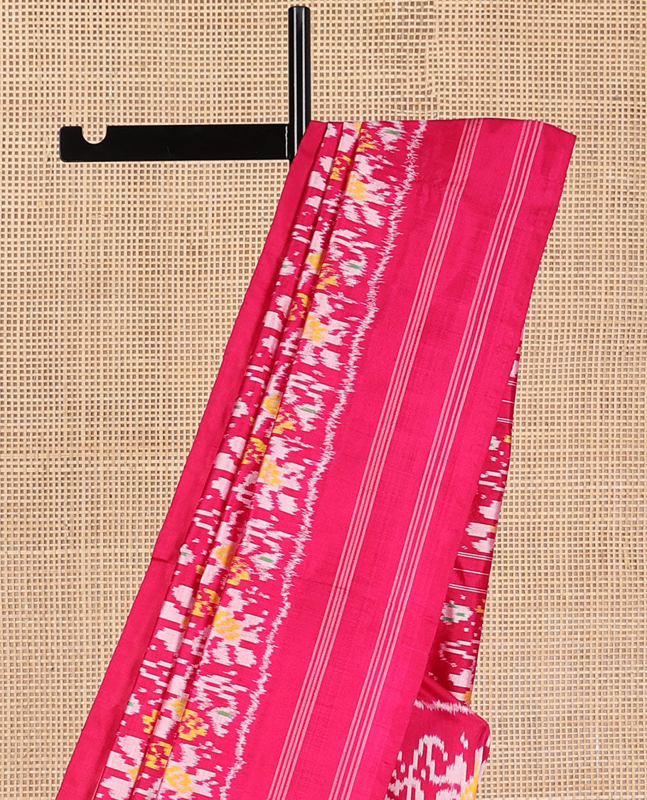 Red floral motifs ikkat saree with self striped border & striped floral design pallu