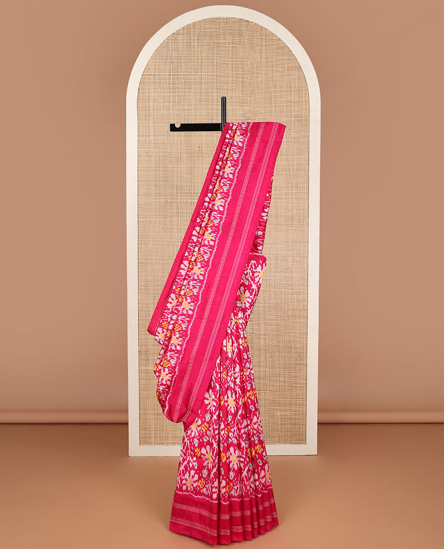 Red floral motifs ikkat saree with self striped border & striped floral design pallu