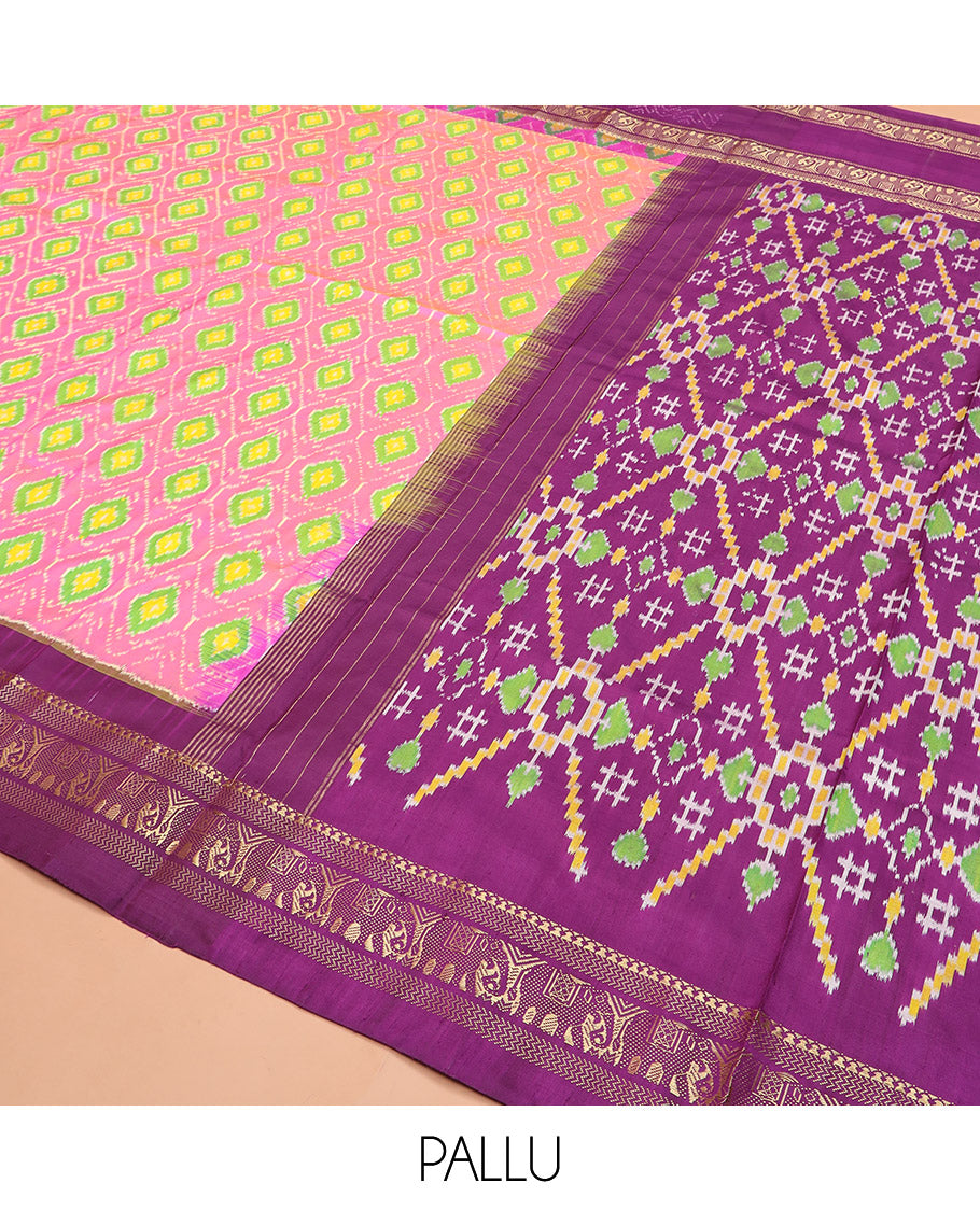 Candy Pink Ikkat Silk Saree Adorned with Ogee Patterns, Complemented by a Contrasting Elephant Zari Border, a Hazily Woven Pallu of Intricate Patterns, and a Contrasting Blouse