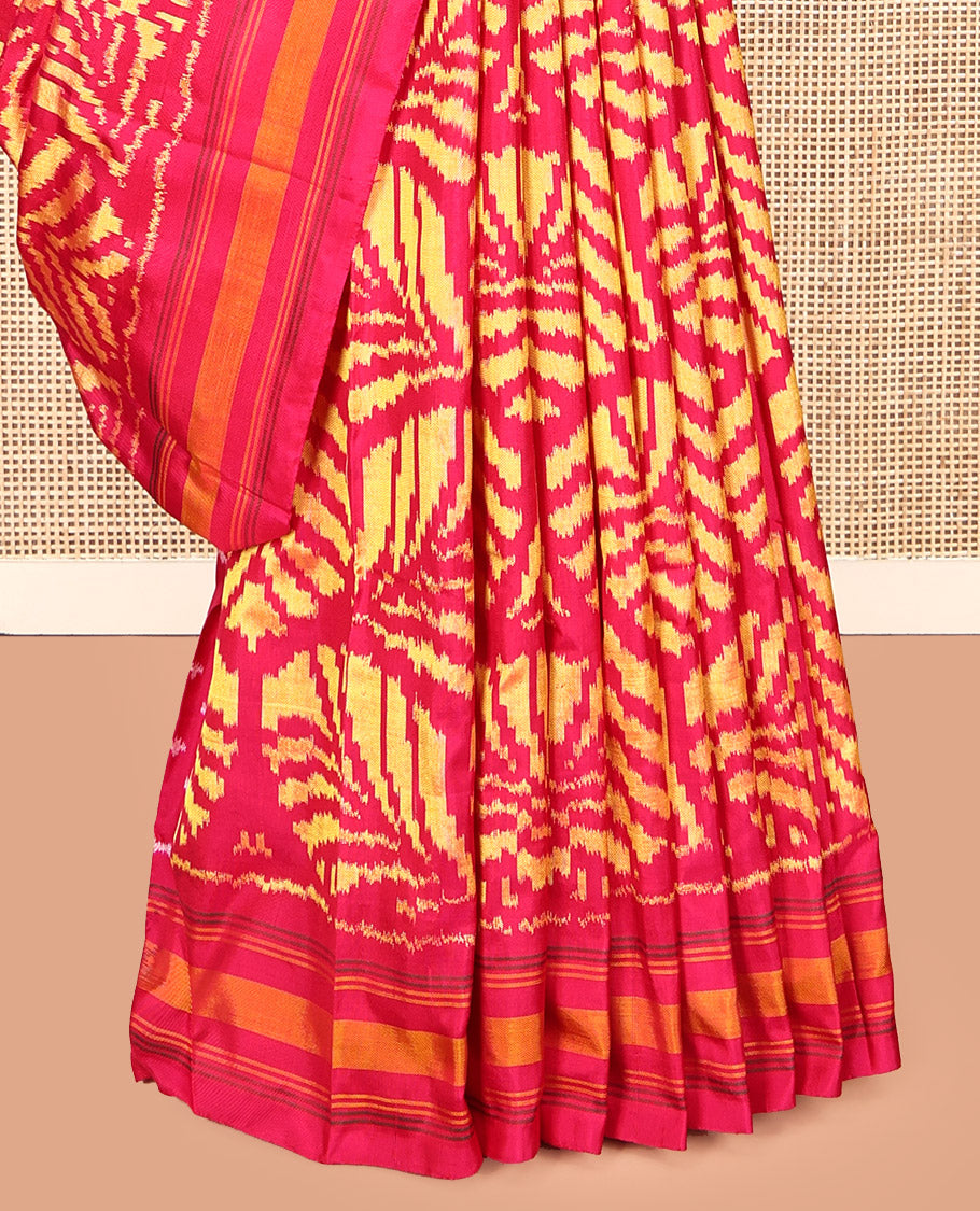 Red Pochampally Ikat Silk Saree, Adorned with Ikat Leaf Design, a Contrast Border, Ikat-Style Woven Pallu, and Matching Blouse