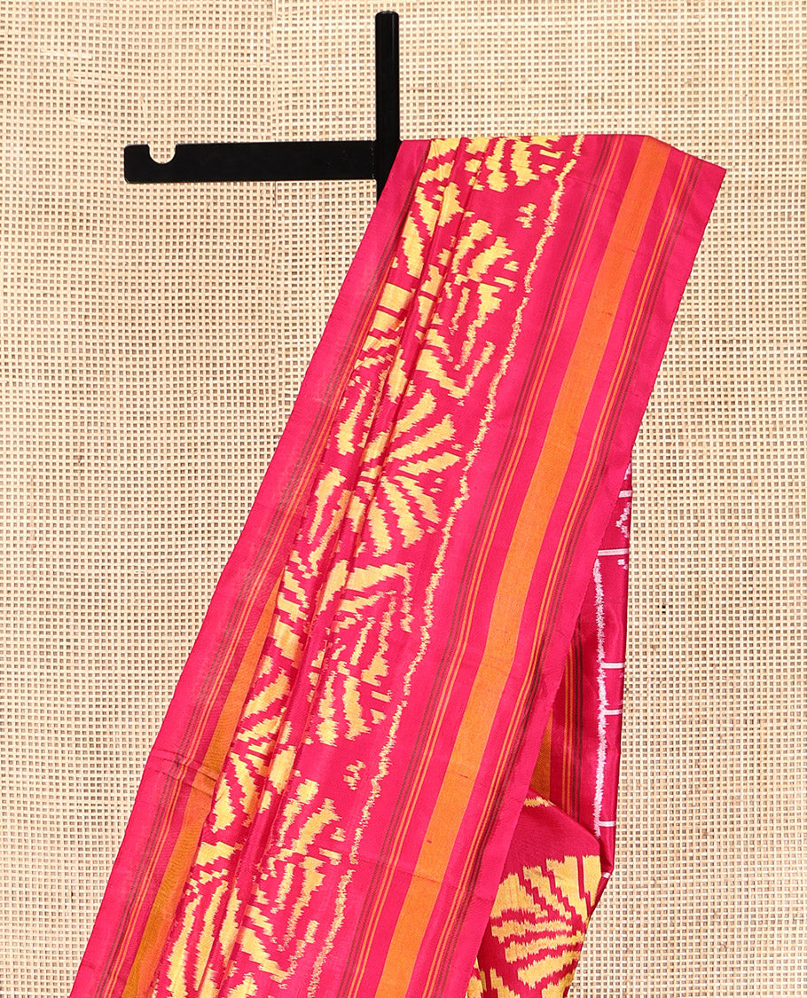 Red Pochampally Ikat Silk Saree, Adorned with Ikat Leaf Design, a Contrast Border, Ikat-Style Woven Pallu, and Matching Blouse