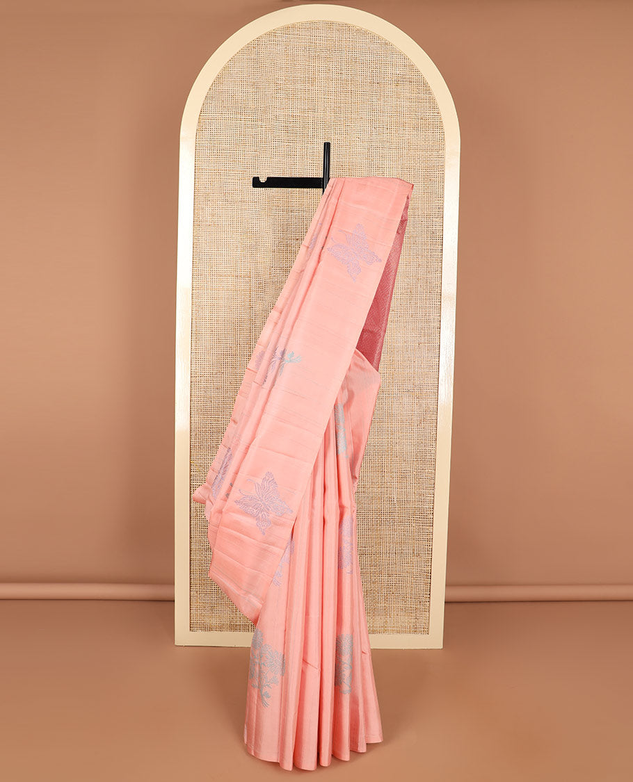 Borderless Peach floral design kancheepuram silk sareee with geometric design pallu