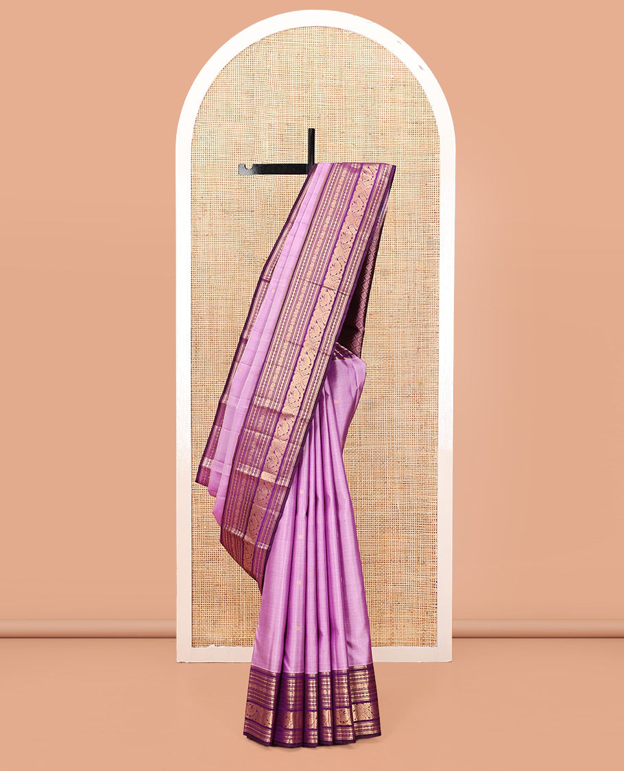 Light Purple Kanchipuram Silk Saree, Subtly Sparkled with Buttas, Complemented by a Contrast Border of Thilakam, Muthu, Kathir, Kamalam, and Mayil Designs, Jaal Pallu, and Contrast Blouse