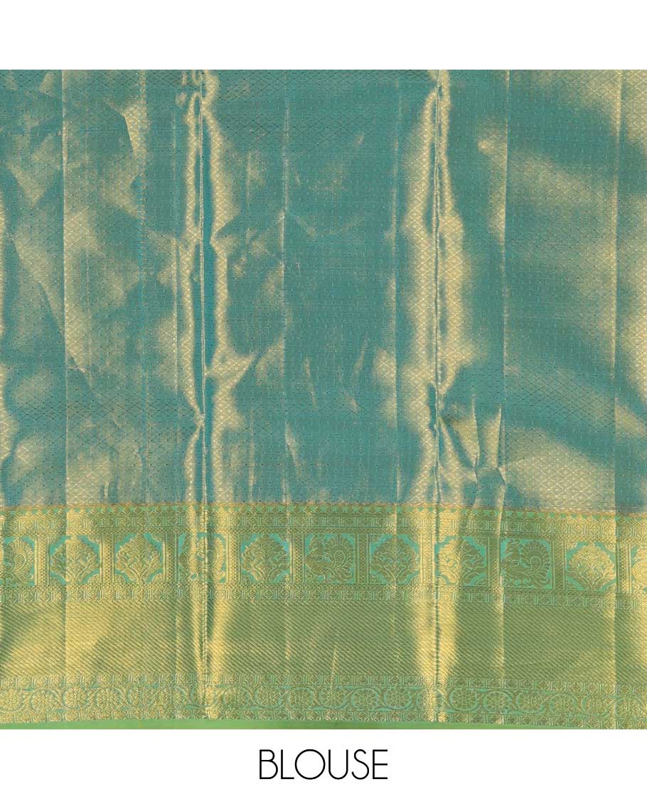 Blue jacquard Kanchipuram silk saree, contrast border of thilakam mokku, mayil, diamond, kodi visiry, and zari stripes, and zari-rich jaal pallu
