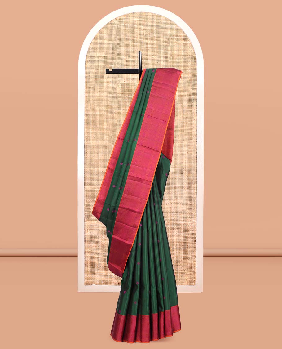 Green Kanchipuram Silk Saree, Beautified with Thread Buttas, a Contrast Border of Thilakam Mokku, Iruthalai Pakshi, and Kuyil Kann, Jaal Pallu, and a Contrast Blouse