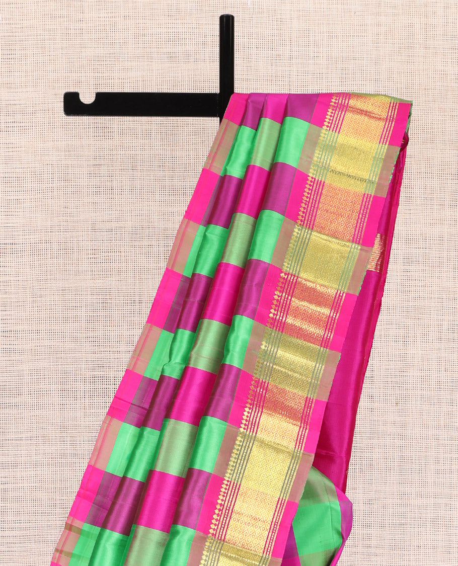 Multi-Color Palum Pazhamum Checked Kanchipuram Silk Saree, a Zari One-sided Border of Panner Sombu, Banaras, Muthu, and Mayil Kann Design, Zari Woven Pallu, and No Blouse