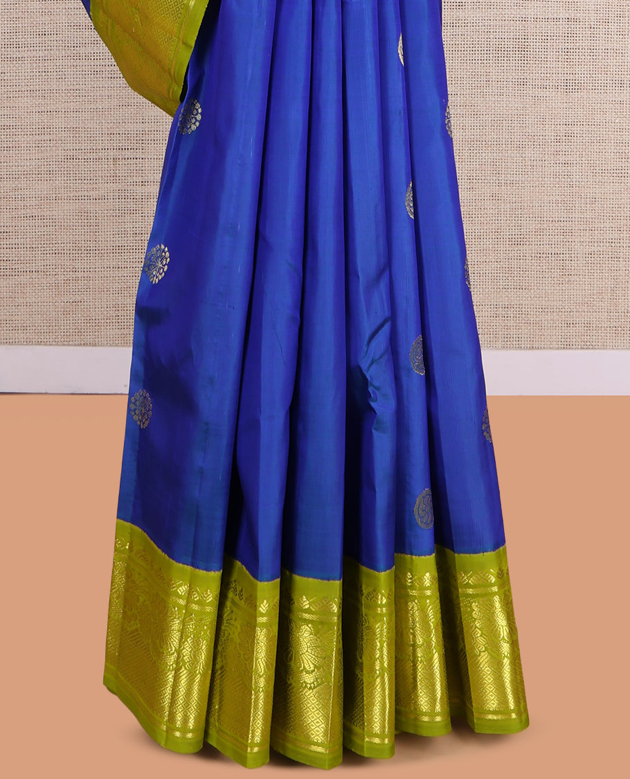Blue Kanchipuram Silk Saree, Elevated with Zari Buttas, a Contrast Korvai One-Sided Border of Banaras, Kamalam, and Mayil Kann Design, Zari Design Pallu, and No Blouse
