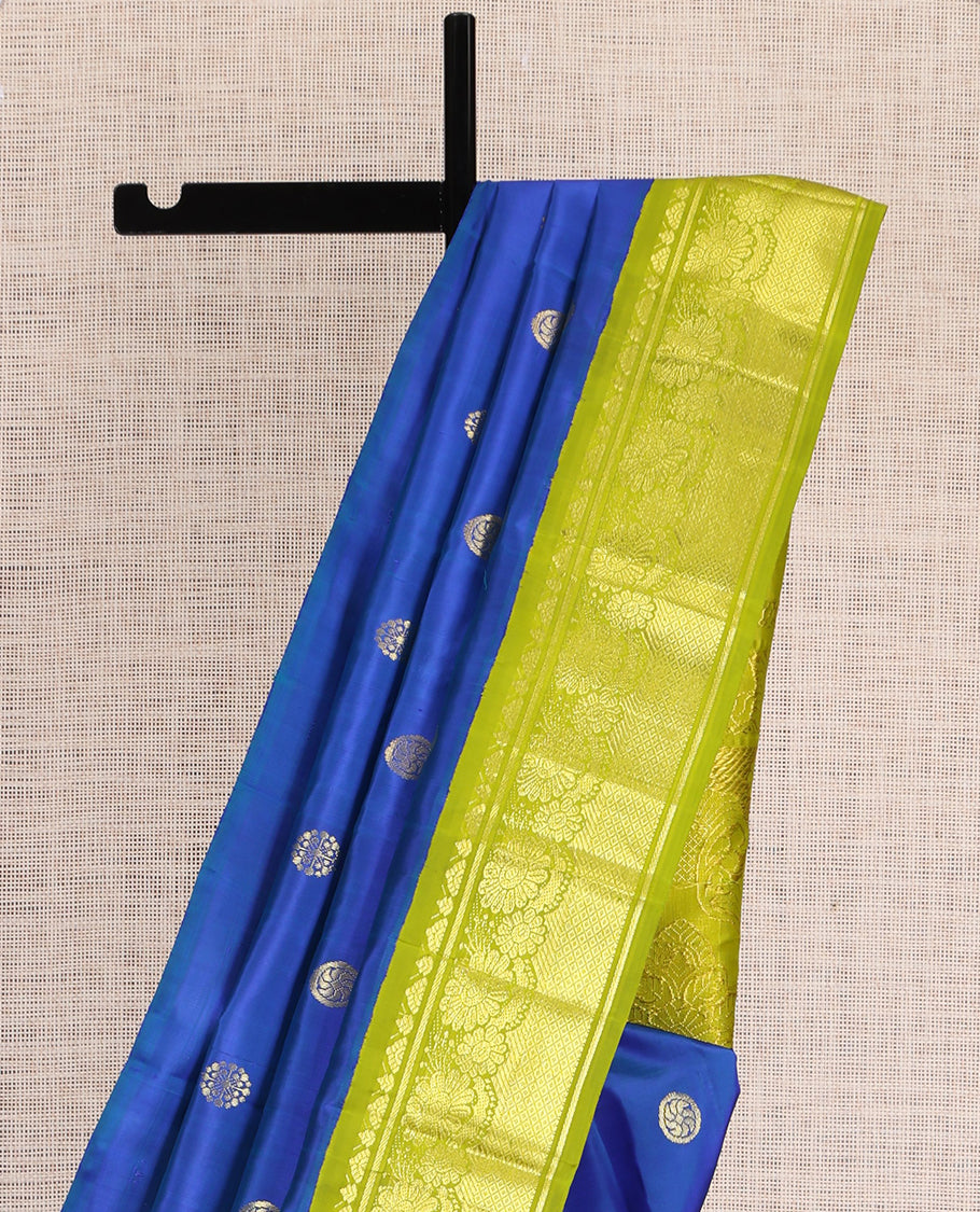 Blue Kanchipuram Silk Saree, Elevated with Zari Buttas, a Contrast Korvai One-Sided Border of Banaras, Kamalam, and Mayil Kann Design, Zari Design Pallu, and No Blouse