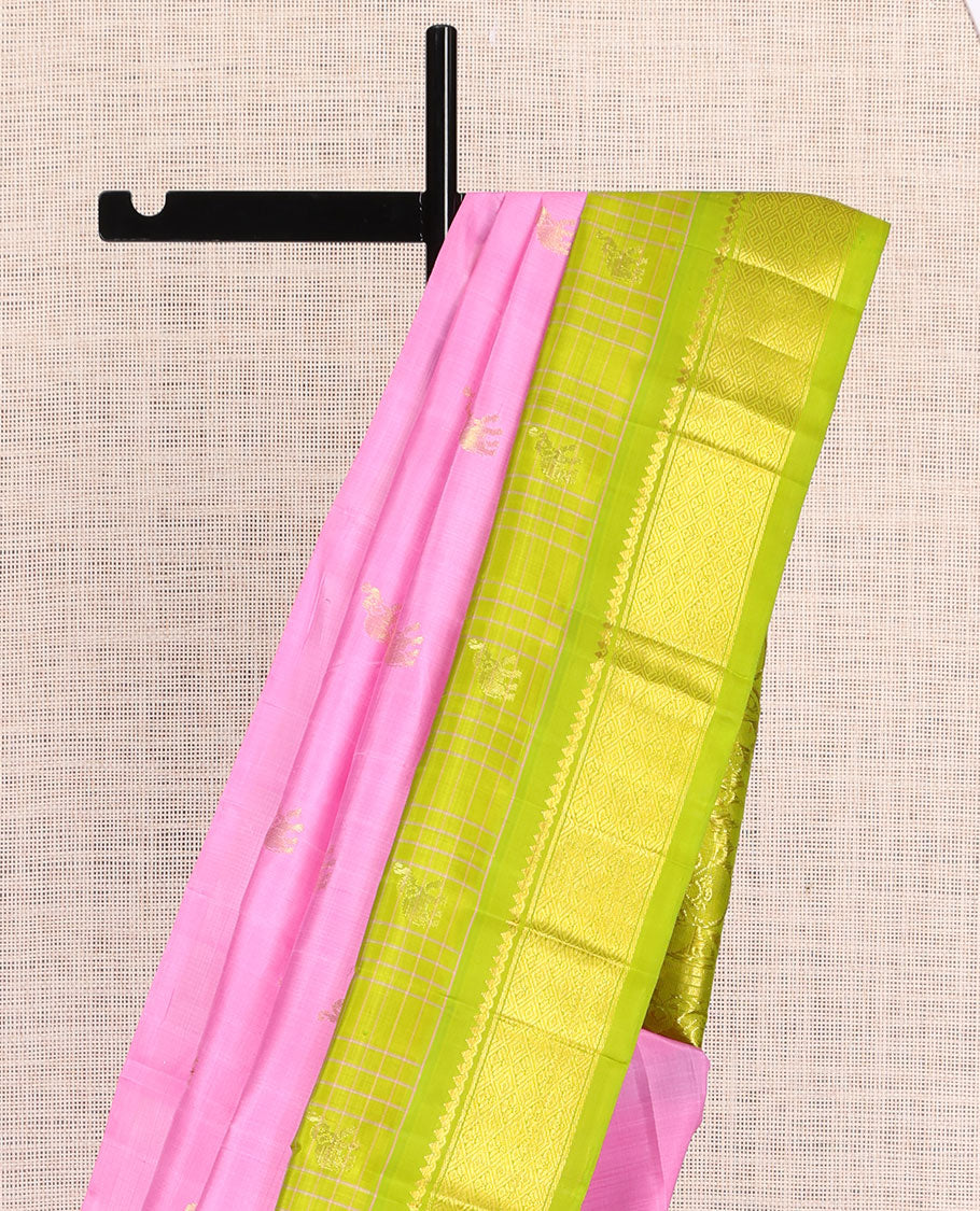 Pink Kanchipuram Silk Saree, Woven with Yaanai Buttas, a Contrast One-Sided Thazampoo Rekku Border of Panner Sombu, Banaras, Muthu, and Mayil Kann Designs, Floral Pallu, and No Blouse