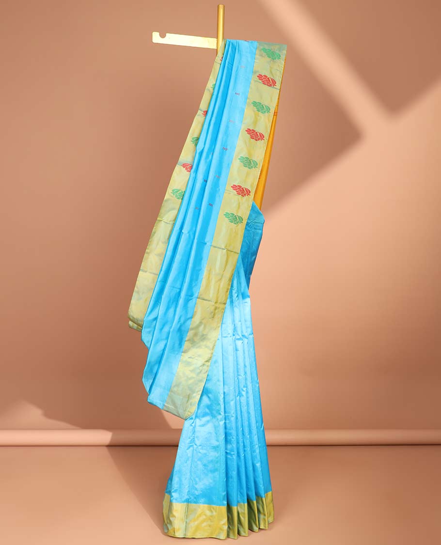 Blue buttas kancheepuram silk saree with contrast floral design border & floral, striped design pallu