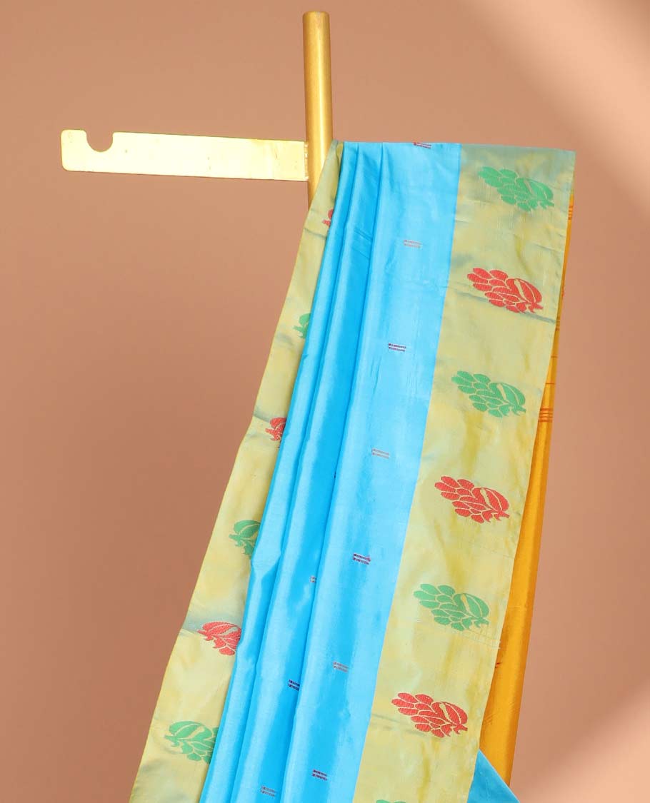 Blue buttas kancheepuram silk saree with contrast floral design border & floral, striped design pallu