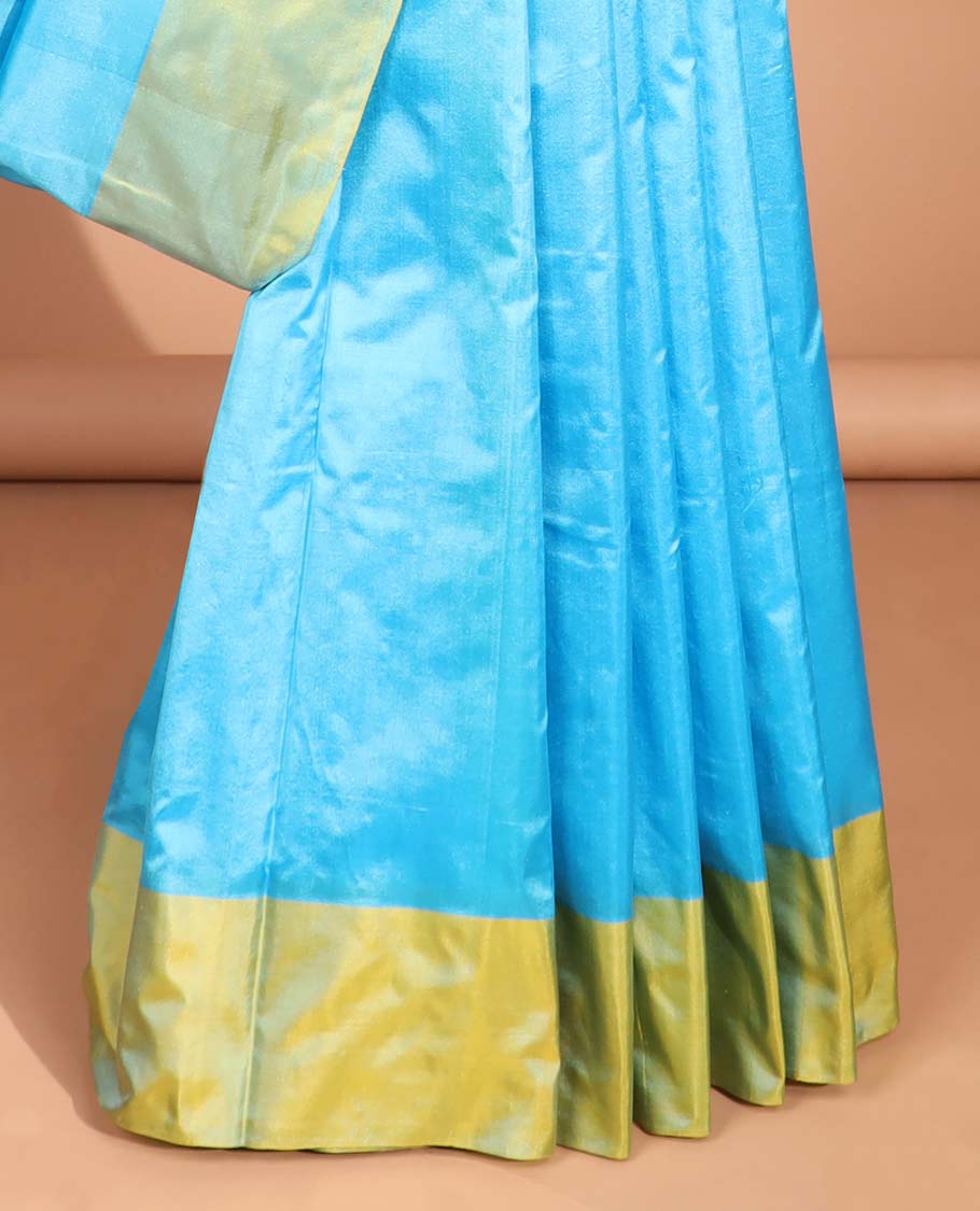 Blue buttas kancheepuram silk saree with contrast floral design border & floral, striped design pallu