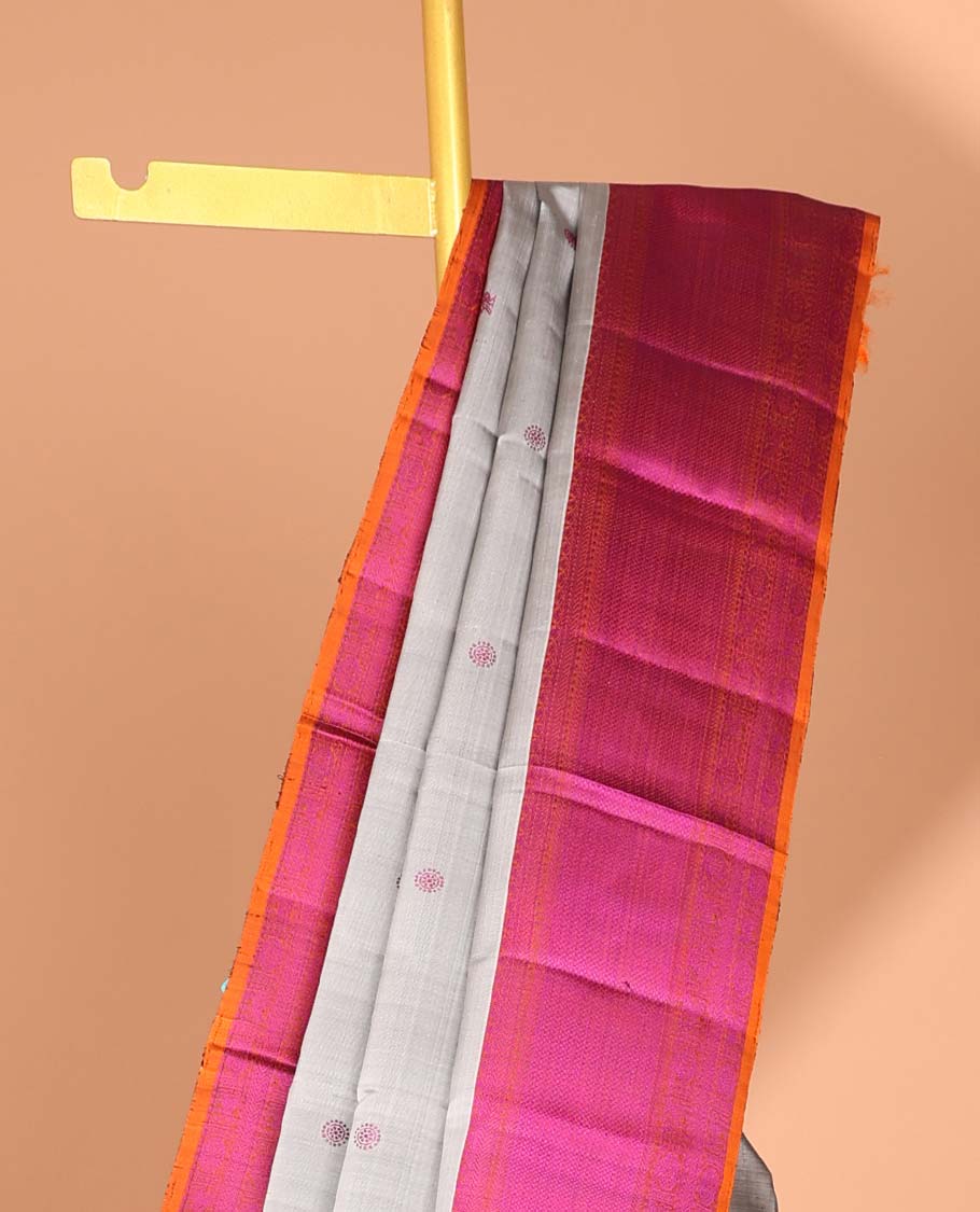 Grey floral, peacock buttas kancheepuram silk saree with contrast border of intricate zari design & intricate floral design pallu