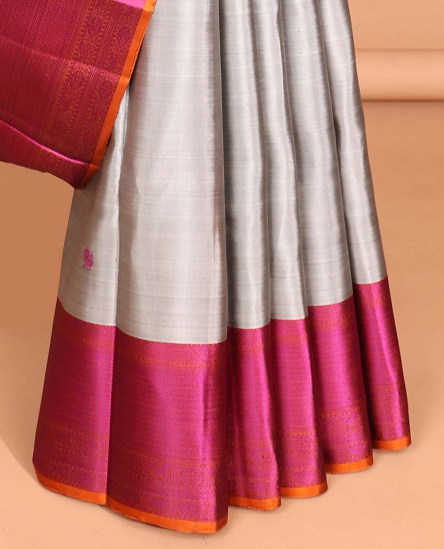 Grey floral, peacock buttas kancheepuram silk saree with contrast border of intricate zari design & intricate floral design pallu