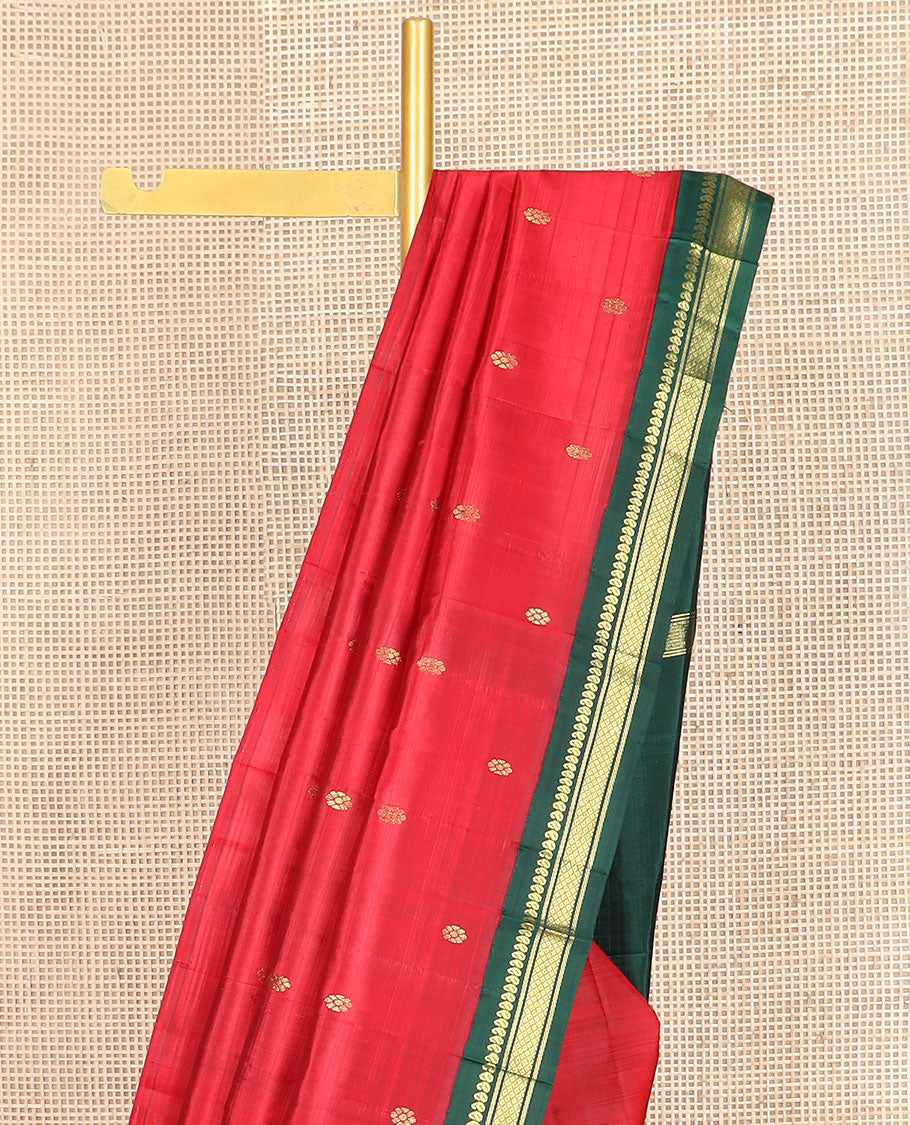 Red zari buttas Kanchipuram silk saree, contrast one-sided korvai border of manga,banaras & mayil kann & kamalam motif pallu