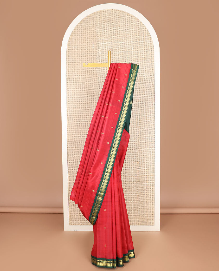 Red zari buttas Kanchipuram silk saree, contrast one-sided korvai border of manga,banaras & mayil kann & kamalam motif pallu