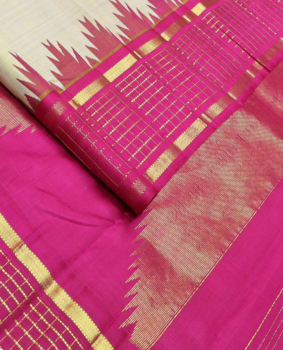 Green zari buttas kanchipuram silk saree, contrast one-sided thazampoo rekku muthu kattam zari border & pillaiyar mokku pallu