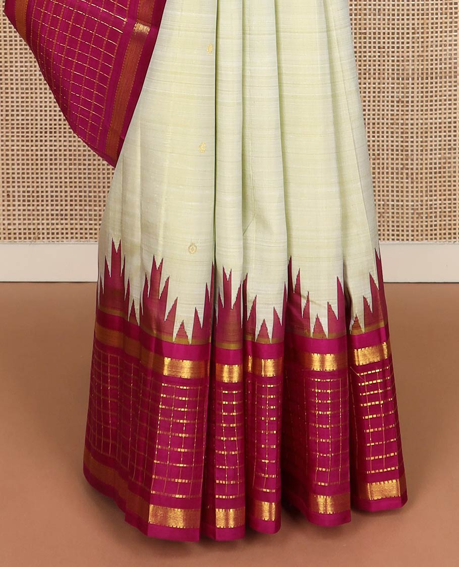 Green zari buttas kanchipuram silk saree, contrast one-sided thazampoo rekku muthu kattam zari border & pillaiyar mokku pallu
