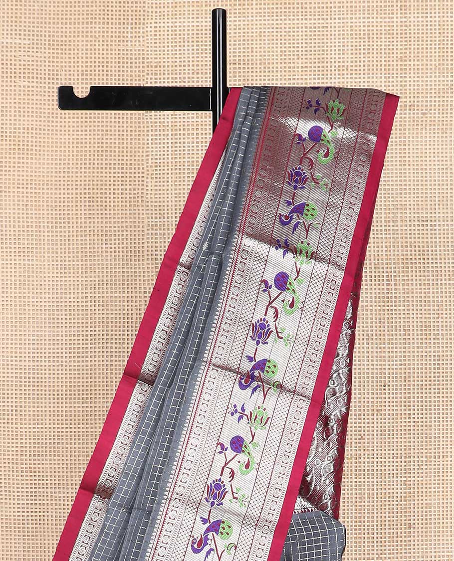 Grey zari buttas with checked Kanchipuram silk saree, contrast traditional zari design with Paithani style peacock motif border, and leaf and geometric woven pallu