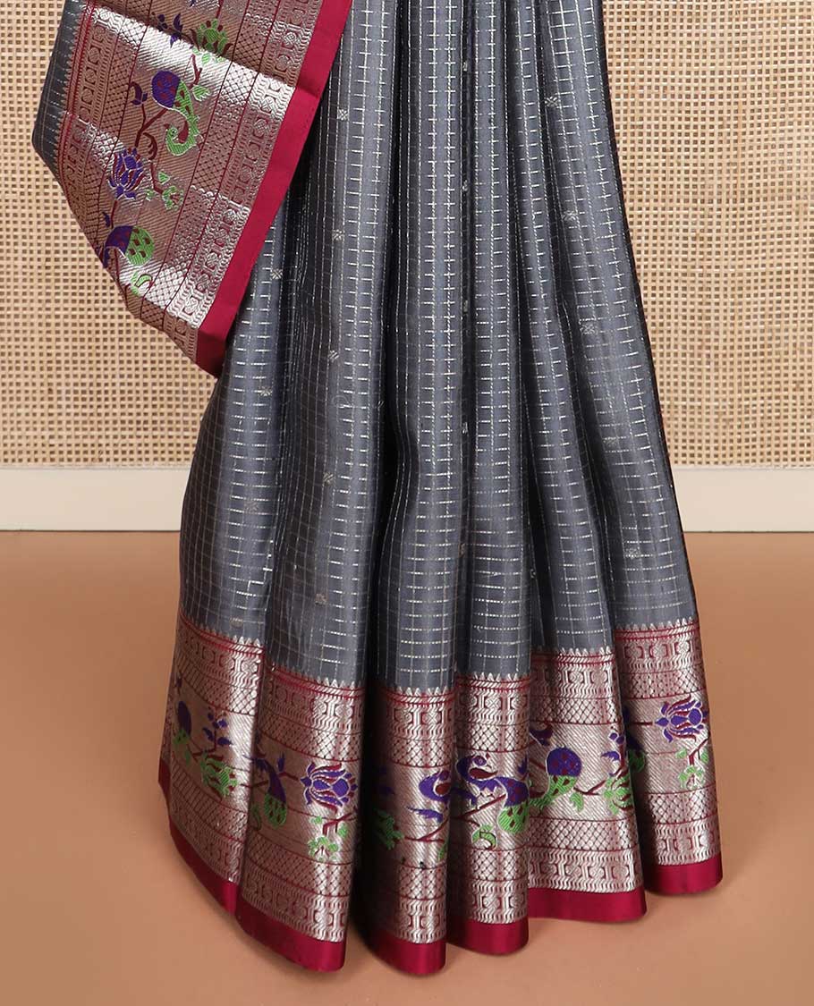 Grey zari buttas with checked Kanchipuram silk saree, contrast traditional zari design with Paithani style peacock motif border, and leaf and geometric woven pallu