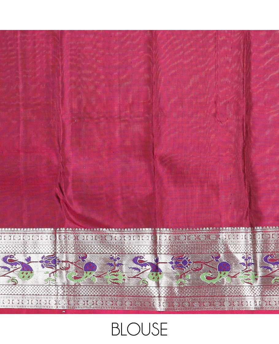 Grey zari buttas with checked Kanchipuram silk saree, contrast traditional zari design with Paithani style peacock motif border, and leaf and geometric woven pallu