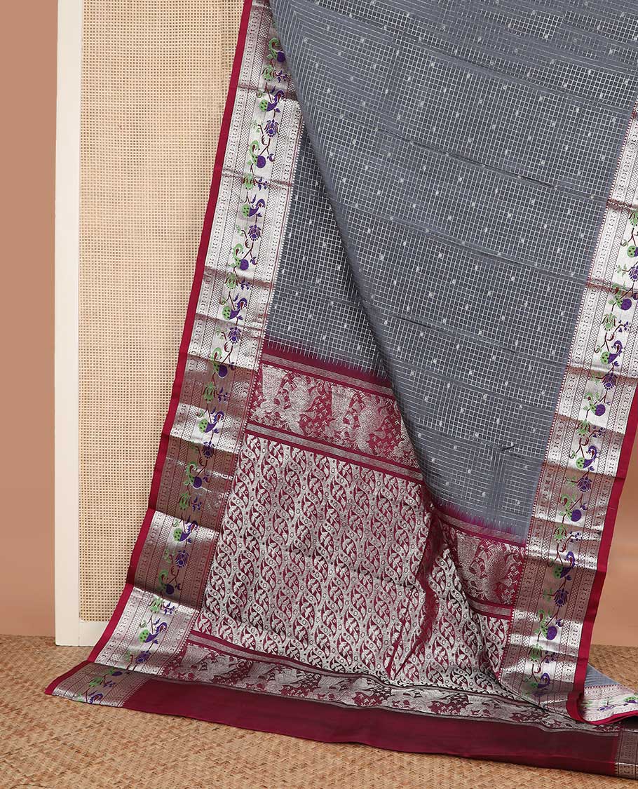 Grey zari buttas with checked Kanchipuram silk saree, contrast traditional zari design with Paithani style peacock motif border, and leaf and geometric woven pallu