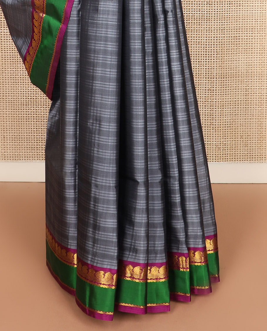 Grey striped Kanchipuram silk saree, contrast rettai pettu zari design border, and zari striped pallu