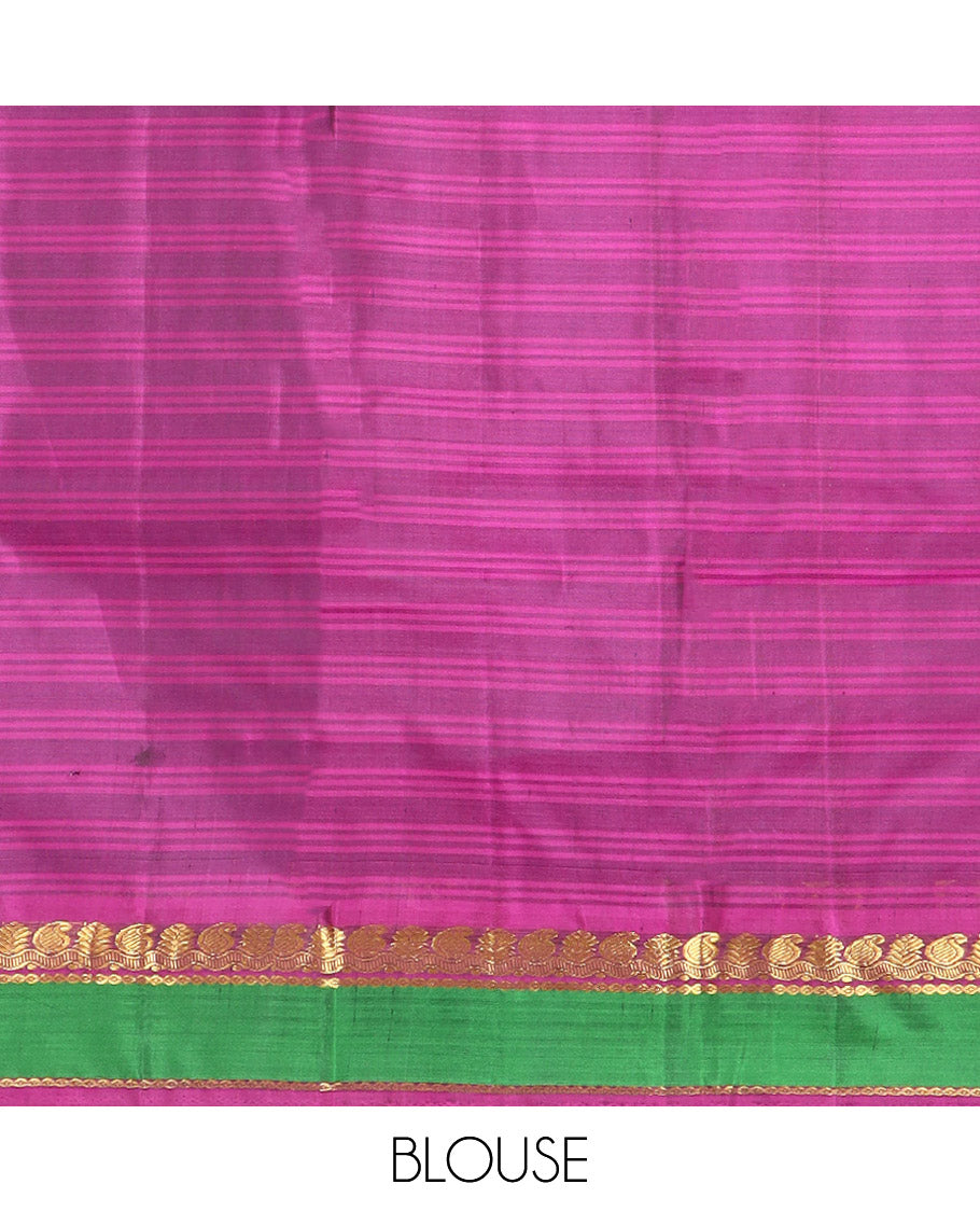 Grey striped Kanchipuram silk saree, contrast rettai pettu zari design border, and zari striped pallu