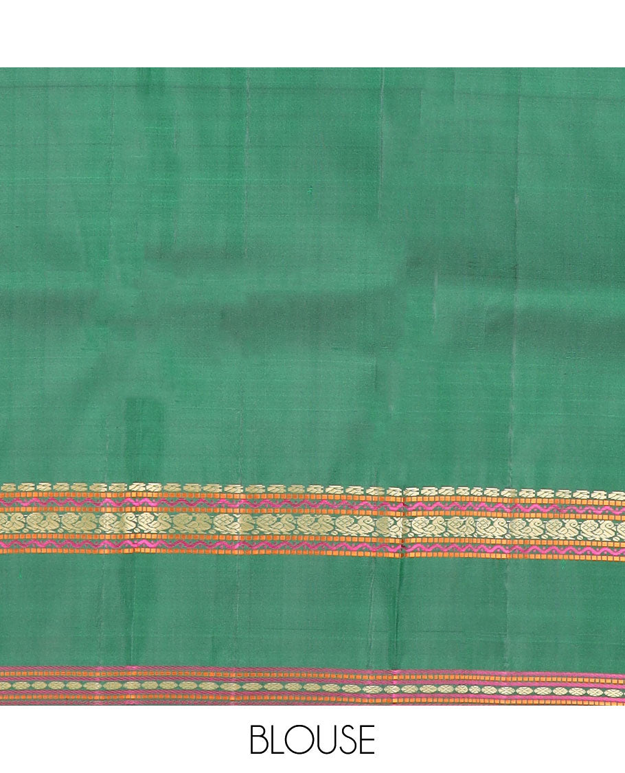 Green buttas Kanchipuram silk saree, rettai pettu border of manga, neli, mayil, and rudraksham designs, and jaal pallu