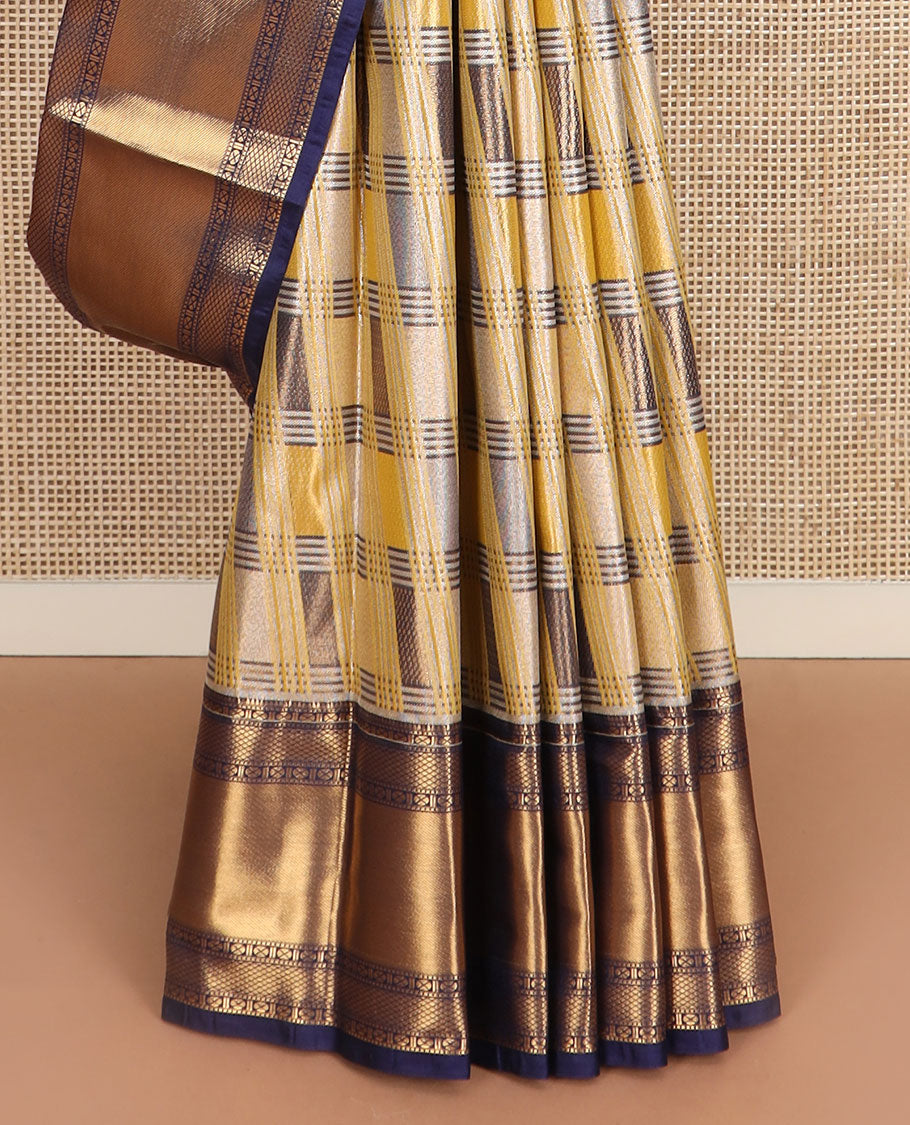Multi-color checked Kanchipuram tissue silk saree, contrast traditional zari border, and pallu of ara maadam designs