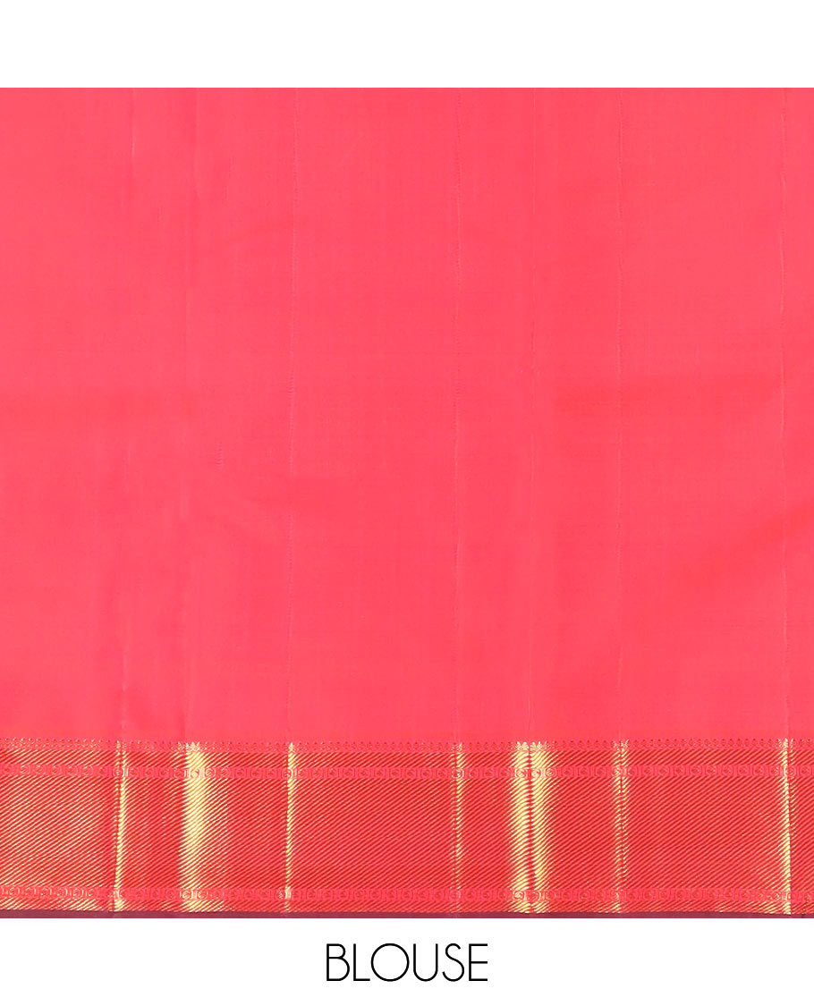 Red manga buttas Kanchipuram silk saree, zari border of thilakam mokku, zari stripes, and manga designs, and geometric patterned pallu