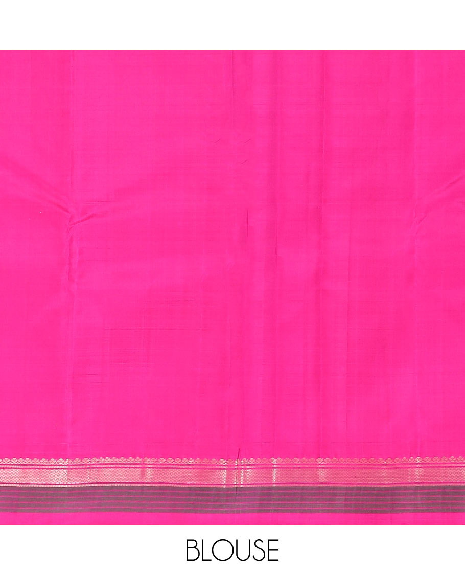 Pink striped Kanchipuram silk saree, contrast border of salngai, banaras, and kuyil kann designs, and zari striped pallu