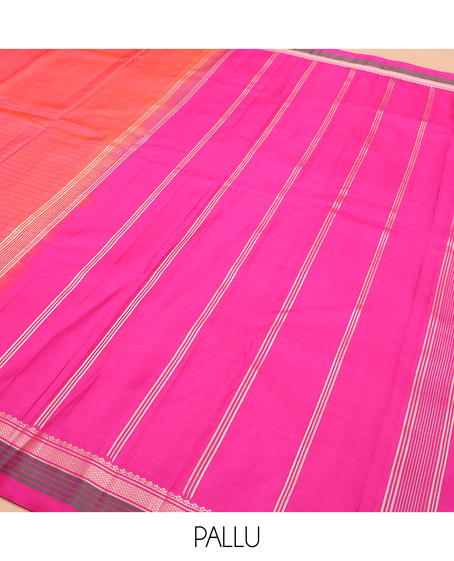 Pink striped Kanchipuram silk saree, contrast border of salngai, banaras, and kuyil kann designs, and zari striped pallu