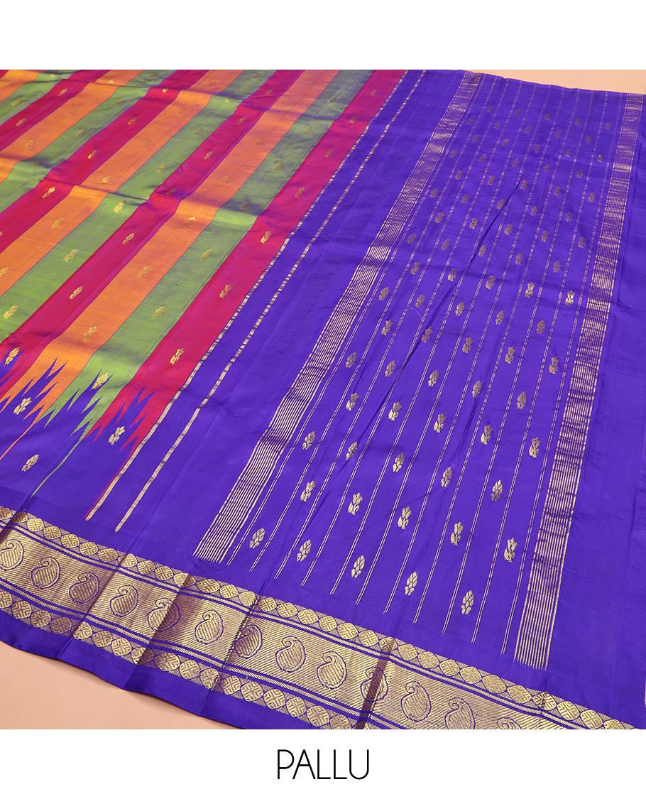 Multi-Colored Kanchipuram Silk Saree Accentuated with Stripes and Zari Buttas All Over Its Body, Complemented by Contrast Thzampoo Rekku One-sided Border Featuring Rudraksham and Manga Designs, Zari Design Pallu, and Comes Without a Blouse