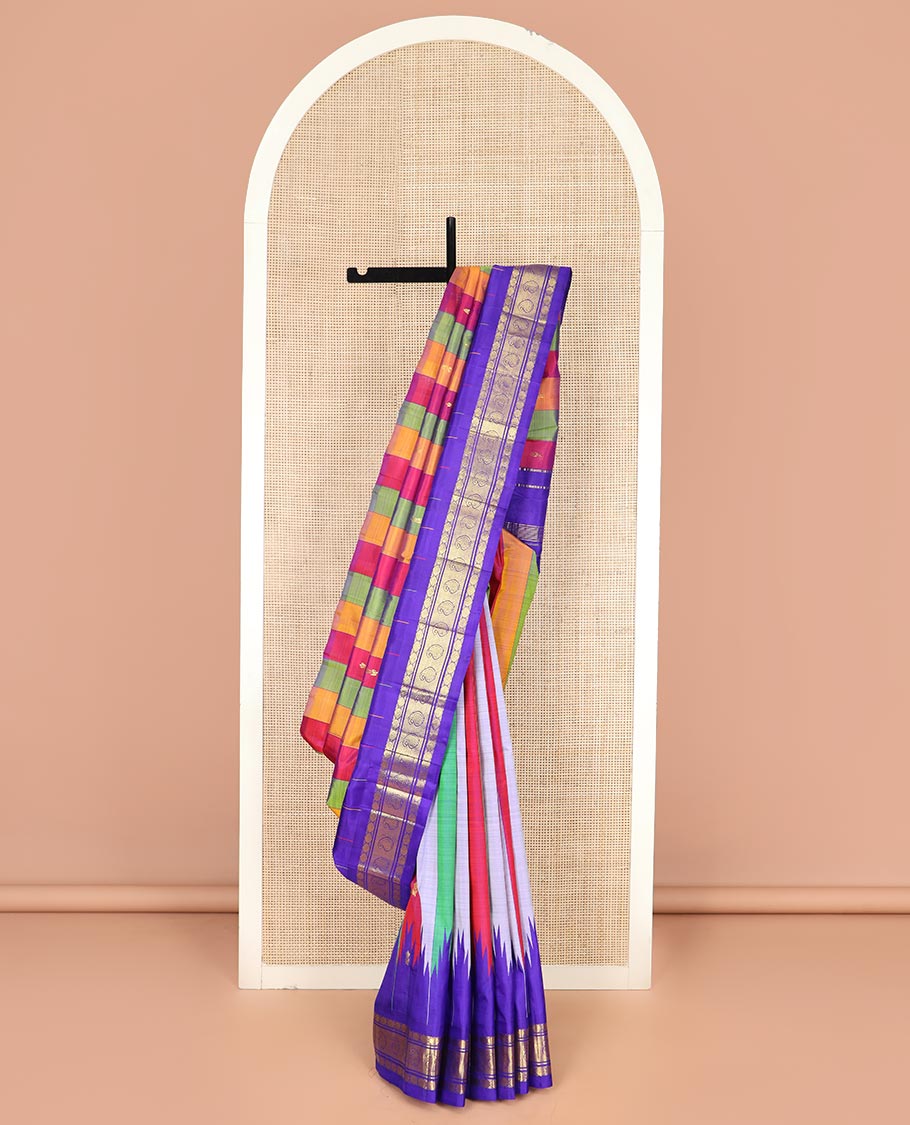 Multi-Colored Kanchipuram Silk Saree Accentuated with Stripes and Zari Buttas All Over Its Body, Complemented by Contrast Thzampoo Rekku One-sided Border Featuring Rudraksham and Manga Designs, Zari Design Pallu, and Comes Without a Blouse