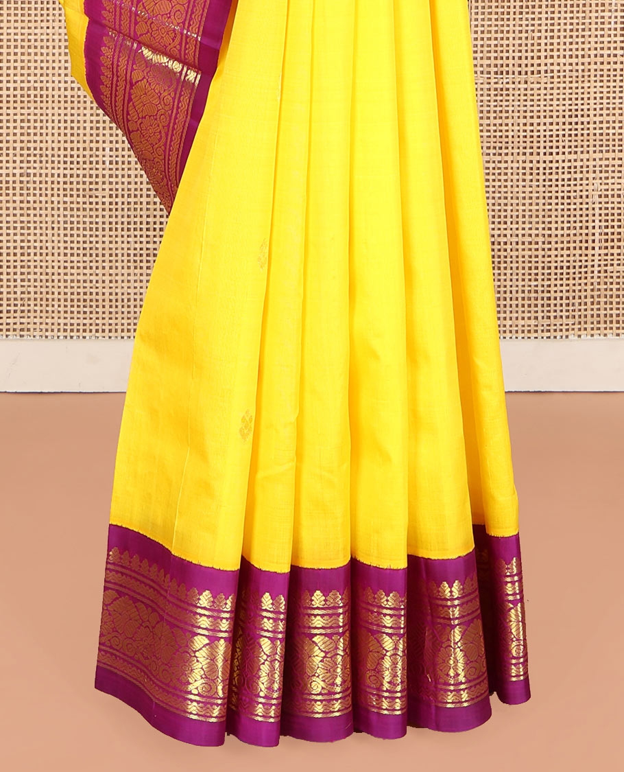Yellow Kanchipuram Silk Saree, Mesmerized with Zari Buttas, Complemented by Contrast One-Sided Korvai Border of Banaras and Rettai Neli Designs, Pallu of Paisley and Floral Designs, and Comes Without a Blouse
