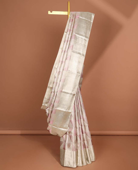 Beige geometric design kancheepuram tissue silk sareewith self border of thilakam mokku, kodi visiry, banaras design & zari design pallu