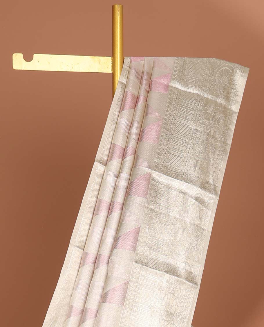 Beige geometric design kancheepuram tissue silk sareewith self border of thilakam mokku, kodi visiry, banaras design & zari design pallu