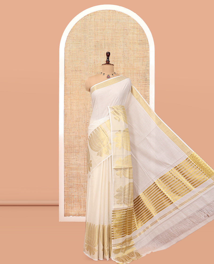 Cream Plain Kerala Cotton Saree