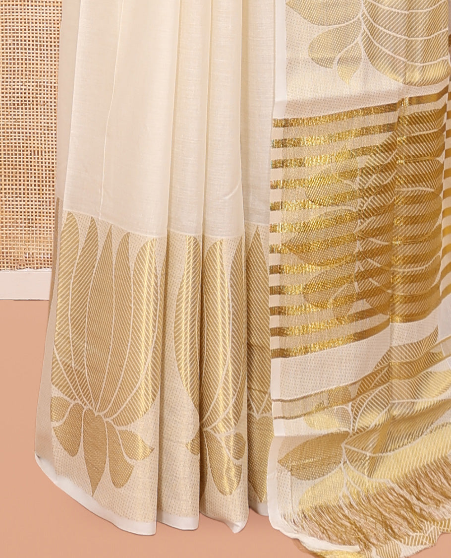 Cream Plain Kerala Cotton Saree
