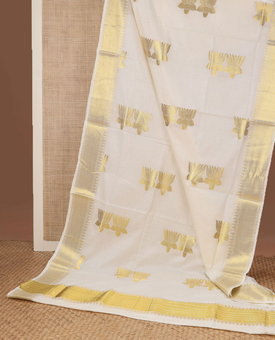 Cream zari Pichwai lotus buttas Kerala saree, traditional zari temple border, and pallu of zari designs