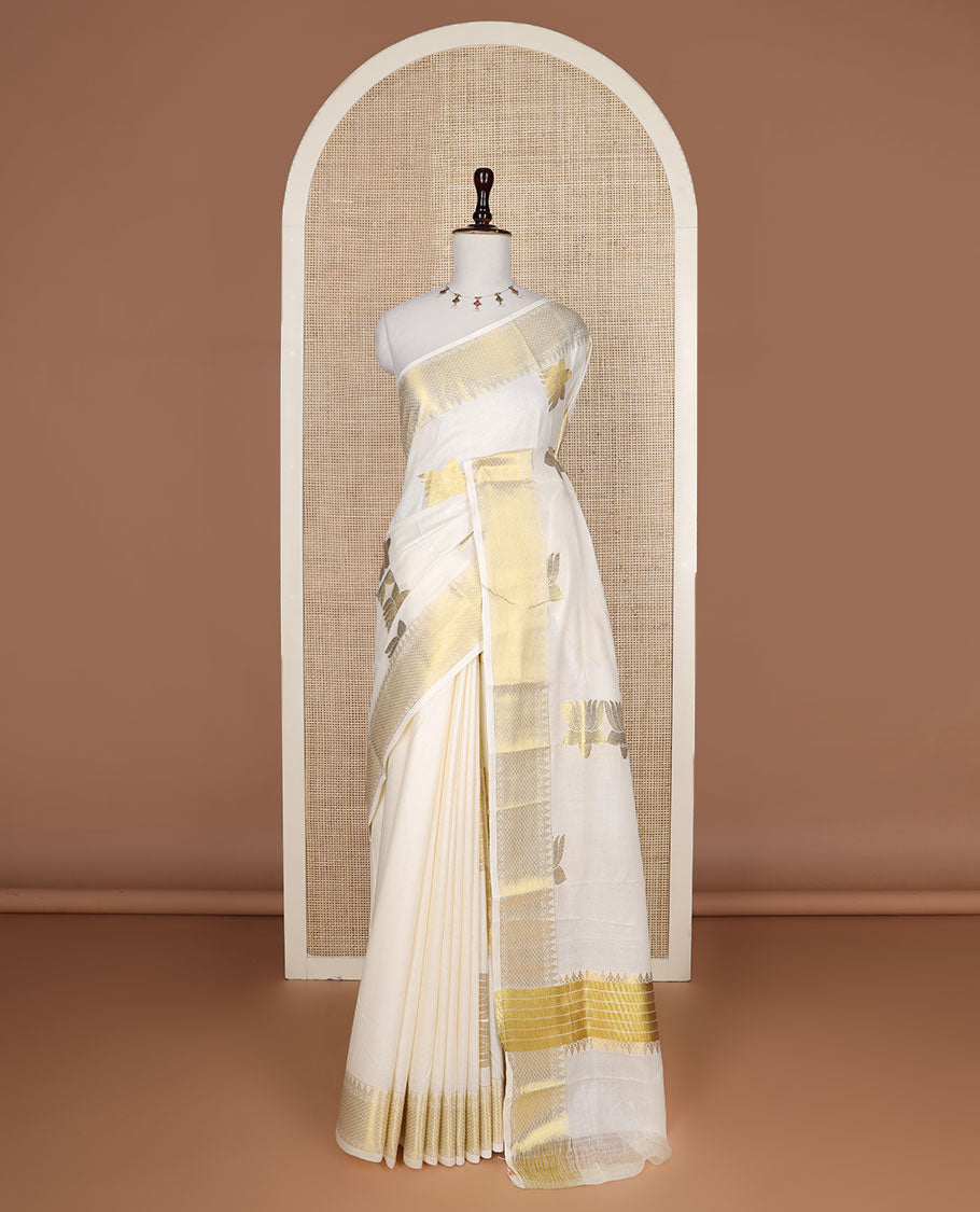 Cream zari Pichwai lotus buttas Kerala saree, traditional zari temple border, and pallu of zari designs