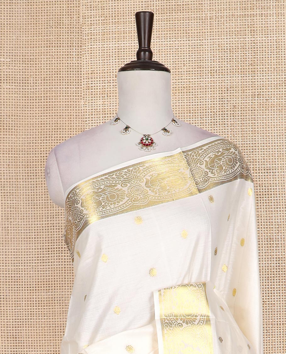 Cream hand brush painting Kerala cotton saree, zari and painting style border, and hand brush painting pallu